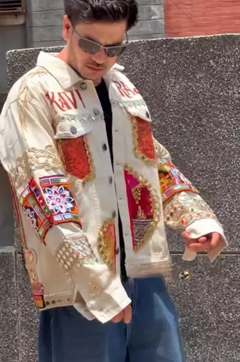 Navratri off white pure denim jacket with gamthi artwork