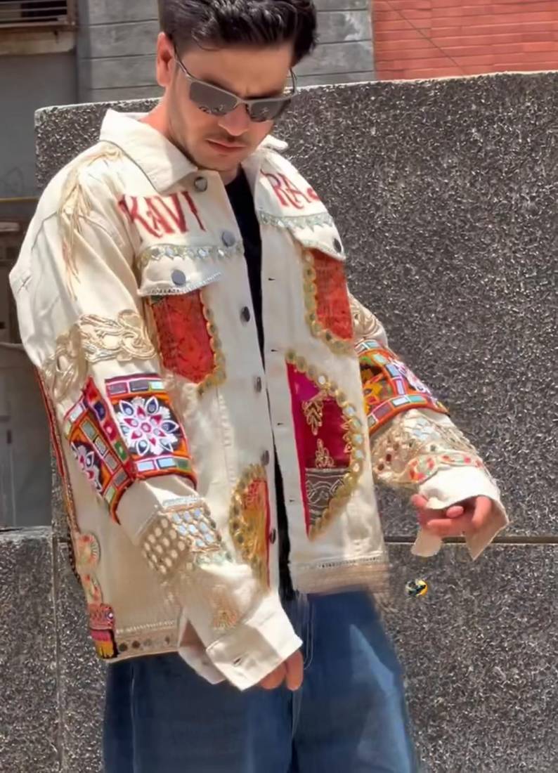 Navratri off white pure denim jacket with gamthi artwork