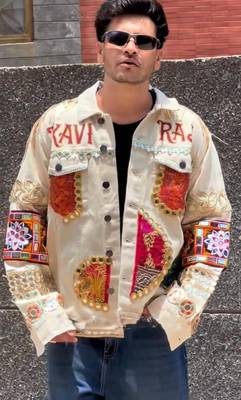Navratri off white pure denim jacket with gamthi artwork 1