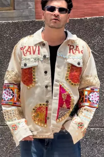 Navratri off white pure denim jacket with gamthi artwork