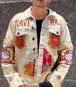 Navratri off white pure denim jacket with gamthi artwork