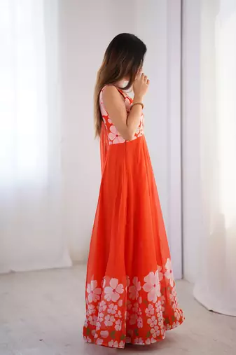 Elegant orange floral organza gown with handwork and matching dupatta