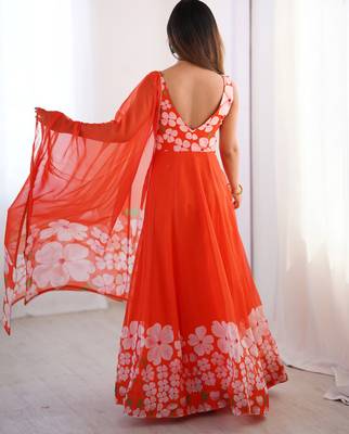 Elegant orange floral organza gown with handwork and matching dupatta 4