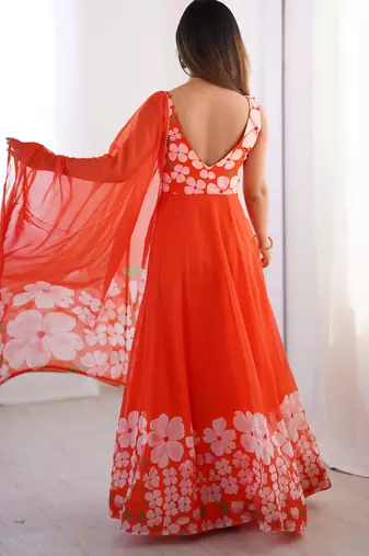 Elegant orange floral organza gown with handwork and matching dupatta