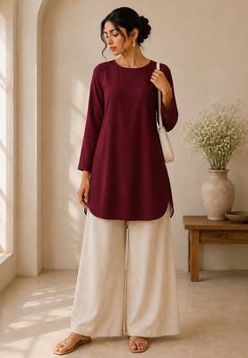 Maroon cotton plain casual kurta set for women 1