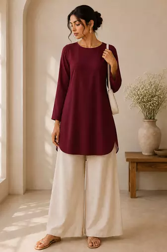 Maroon cotton plain casual kurta set for women