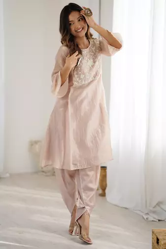 Elegant ivory organza kurta with hand-worked bead embroidery