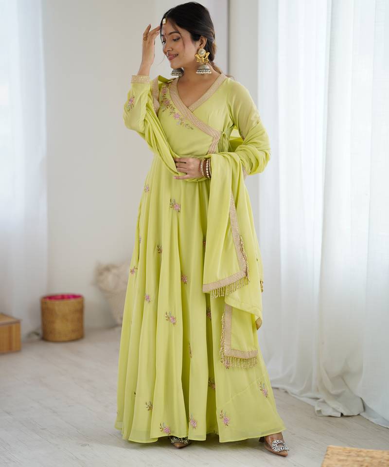 Elegant green embroidered georgette gown with dupatta