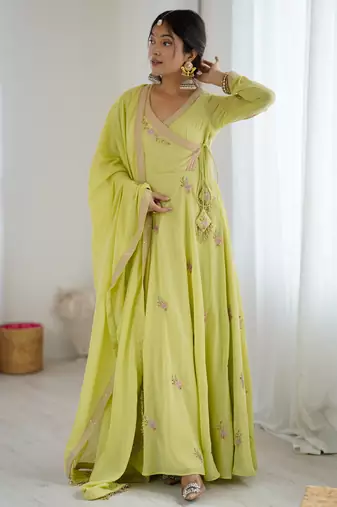 Elegant green embroidered georgette gown with dupatta
