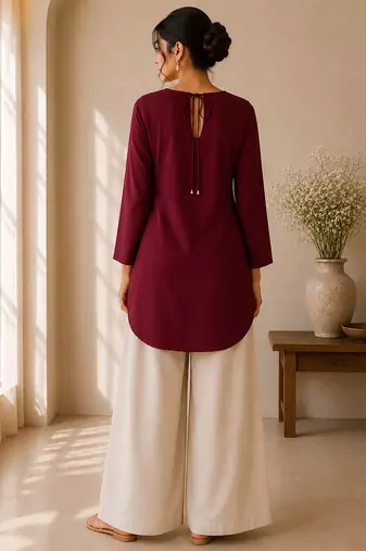 Maroon cotton plain casual kurta set for women