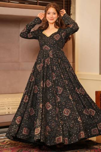 Black rayon digital print anarkali gown