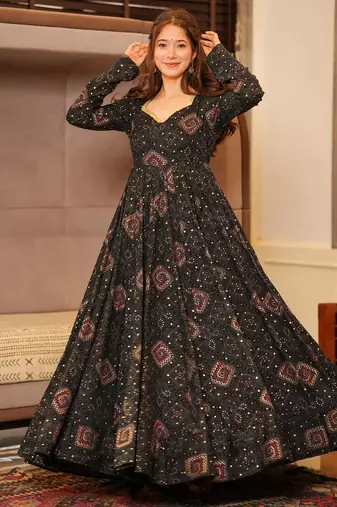 Black rayon digital print anarkali gown