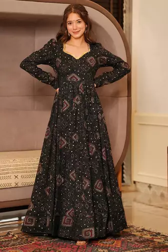 Black rayon digital print anarkali gown