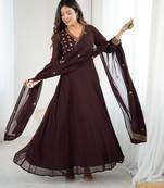 Elegant brown georgette embroidered gown with dupatta for festive and party wear