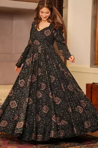 Black rayon digital print anarkali gown