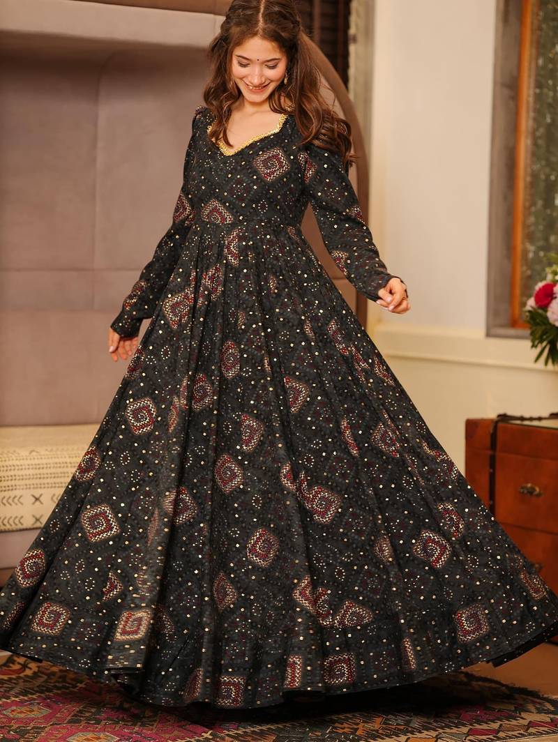 Black rayon digital print anarkali gown
