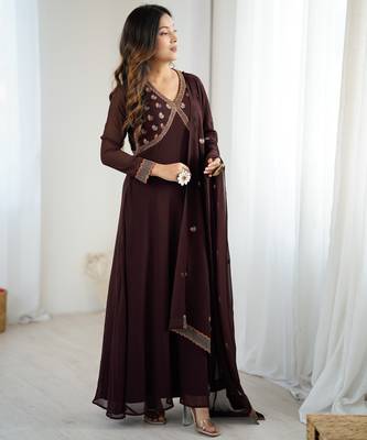 Elegant brown georgette embroidered gown with dupatta for festive and party wear 3