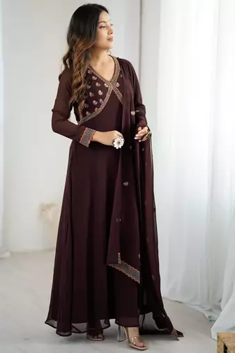 Elegant brown georgette embroidered gown with dupatta for festive and party wear