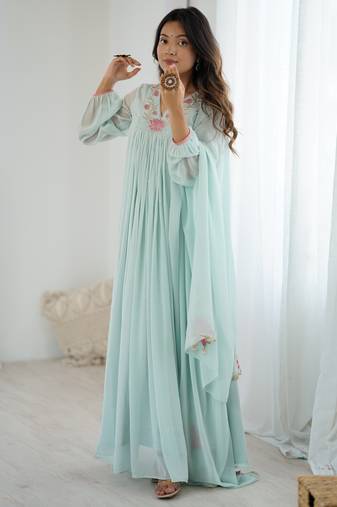 Floral embroidered aqua blue georgette pleated gown with dupatta for festive wear