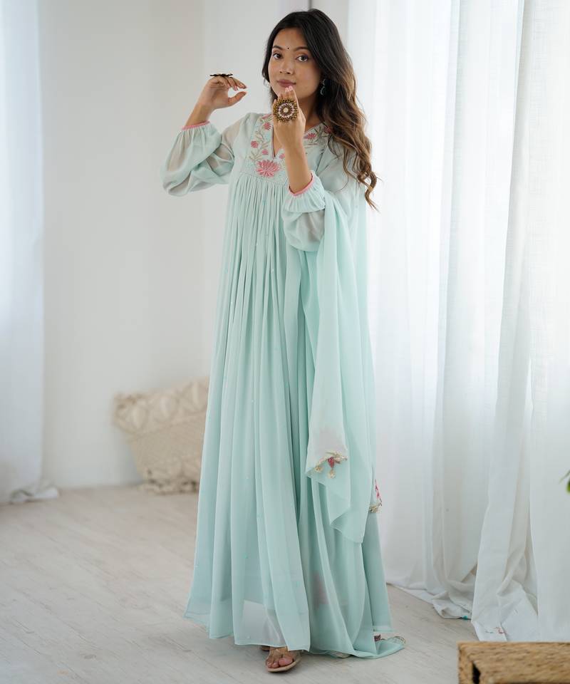 Floral embroidered aqua blue georgette pleated gown with dupatta for festive wear
