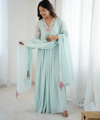 Floral embroidered aqua blue georgette pleated gown with dupatta for festive wear 2
