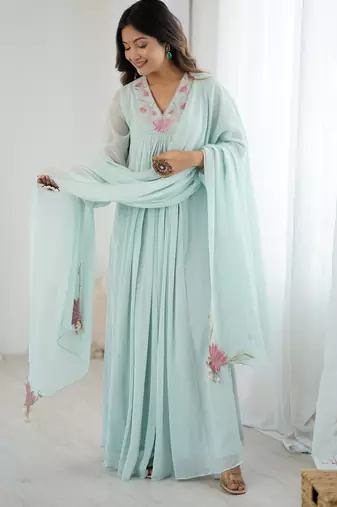 Floral embroidered aqua blue georgette pleated gown with dupatta for festive wear