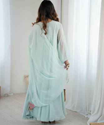 Floral embroidered aqua blue georgette pleated gown with dupatta for festive wear 3
