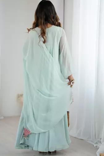 Floral embroidered aqua blue georgette pleated gown with dupatta for festive wear
