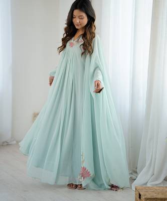 Floral embroidered aqua blue georgette pleated gown with dupatta for festive wear 4
