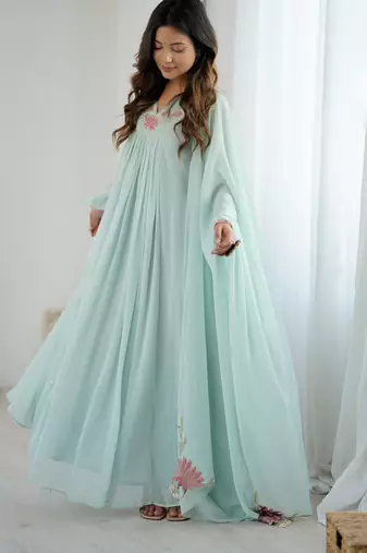 Floral embroidered aqua blue georgette pleated gown with dupatta for festive wear