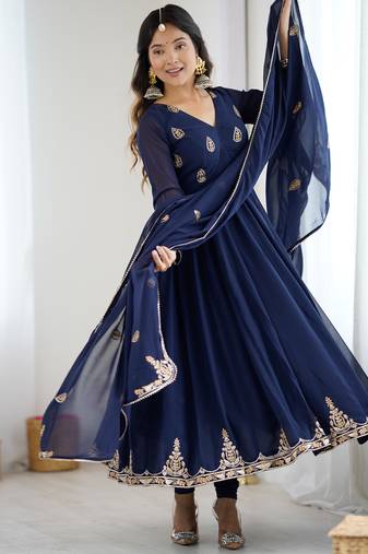 Navy blue georgette anarkali suit set with zari & sequins embroidery