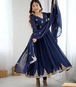 Navy blue georgette anarkali suit set with zari & sequins embroidery
