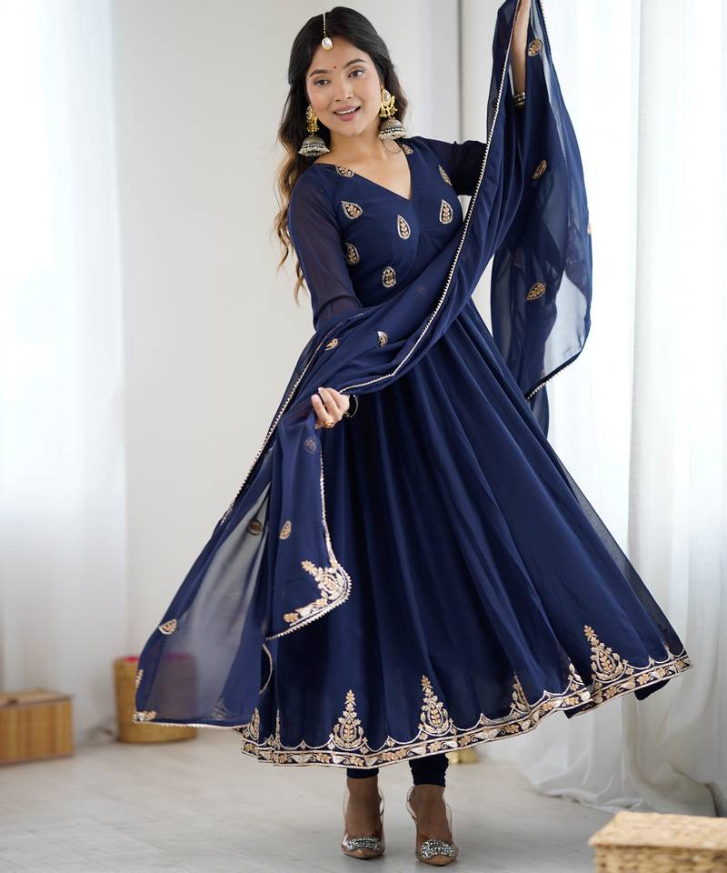 Navy blue georgette anarkali suit set with zari & sequins embroidery