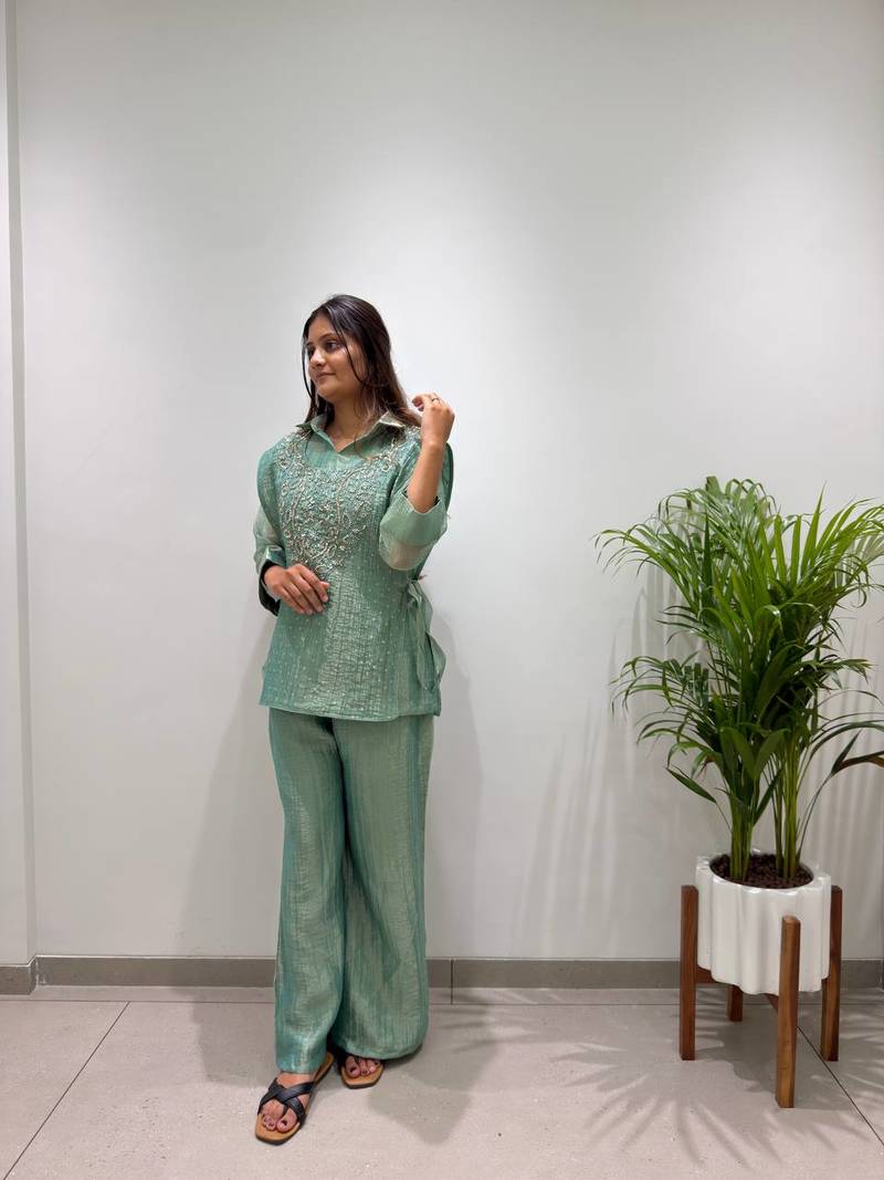 sea green color hand work silk blend salwar suit 