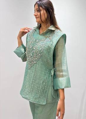 sea green color hand work silk blend salwar suit  2