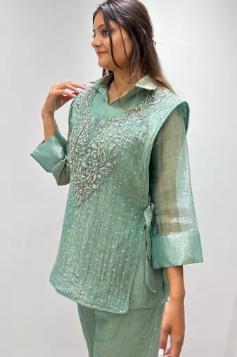 sea green color hand work silk blend salwar suit 