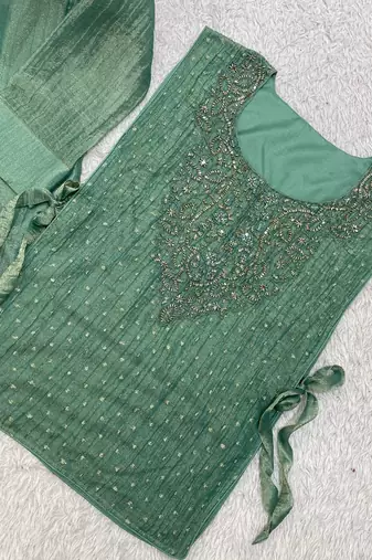 sea green color hand work silk blend salwar suit 