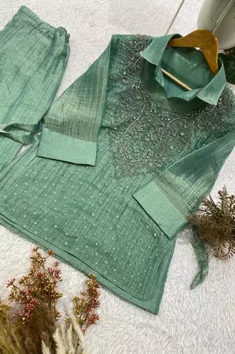 sea green color hand work silk blend salwar suit 