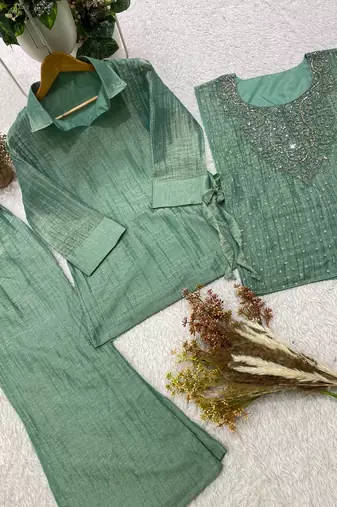 sea green color hand work silk blend salwar suit 