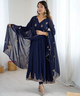 Navy blue georgette anarkali suit set with zari & sequins embroidery 2