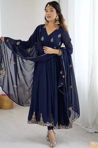 Navy blue georgette anarkali suit set with zari & sequins embroidery
