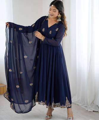 Navy blue georgette anarkali suit set with zari & sequins embroidery 3