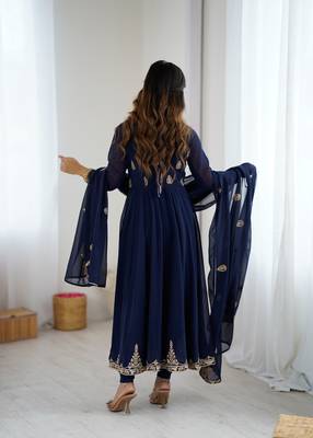 Navy blue georgette anarkali suit set with zari & sequins embroidery 4