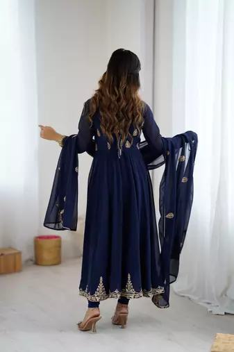 Navy blue georgette anarkali suit set with zari & sequins embroidery