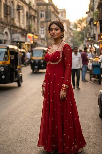 Red georgette zari embroidered sweetheart neck flared gown