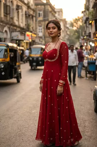 Red georgette zari embroidered sweetheart neck flared gown