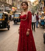 Red georgette zari embroidered sweetheart neck flared gown