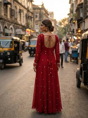 Red georgette zari embroidered sweetheart neck flared gown 2