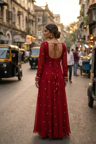Red georgette zari embroidered sweetheart neck flared gown
