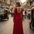 Red georgette zari embroidered sweetheart neck flared gown